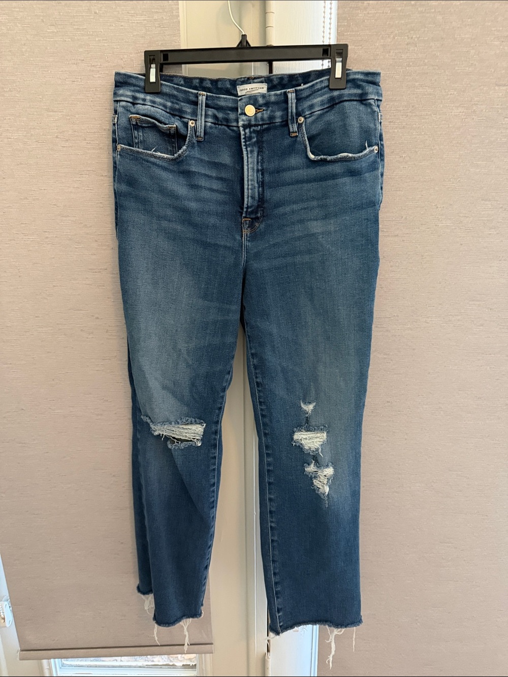 Good American Women’s Distressed Blue Mid Rise Straight-Leg Jeans